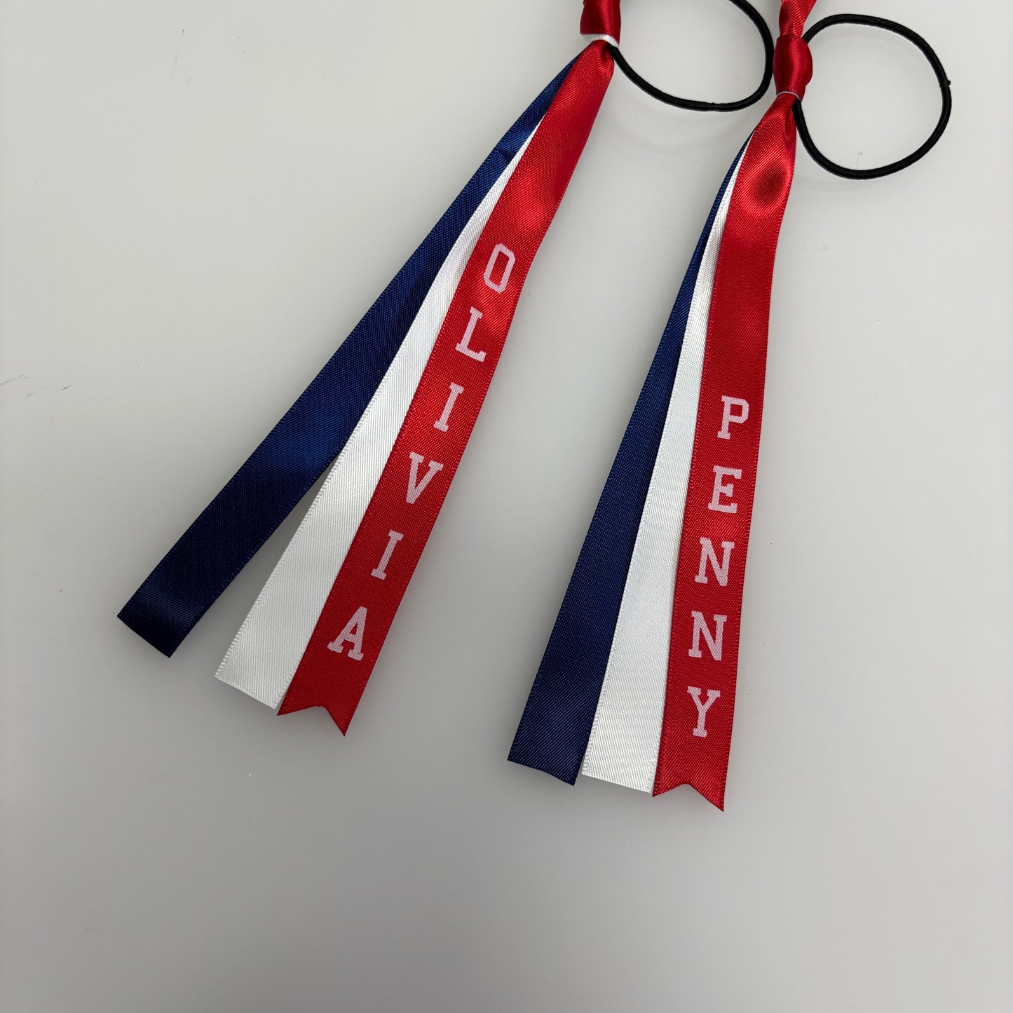TEAM HAIR RIBBONS 3 COLOURS 15MM VERTICAL COLLEGE FONT