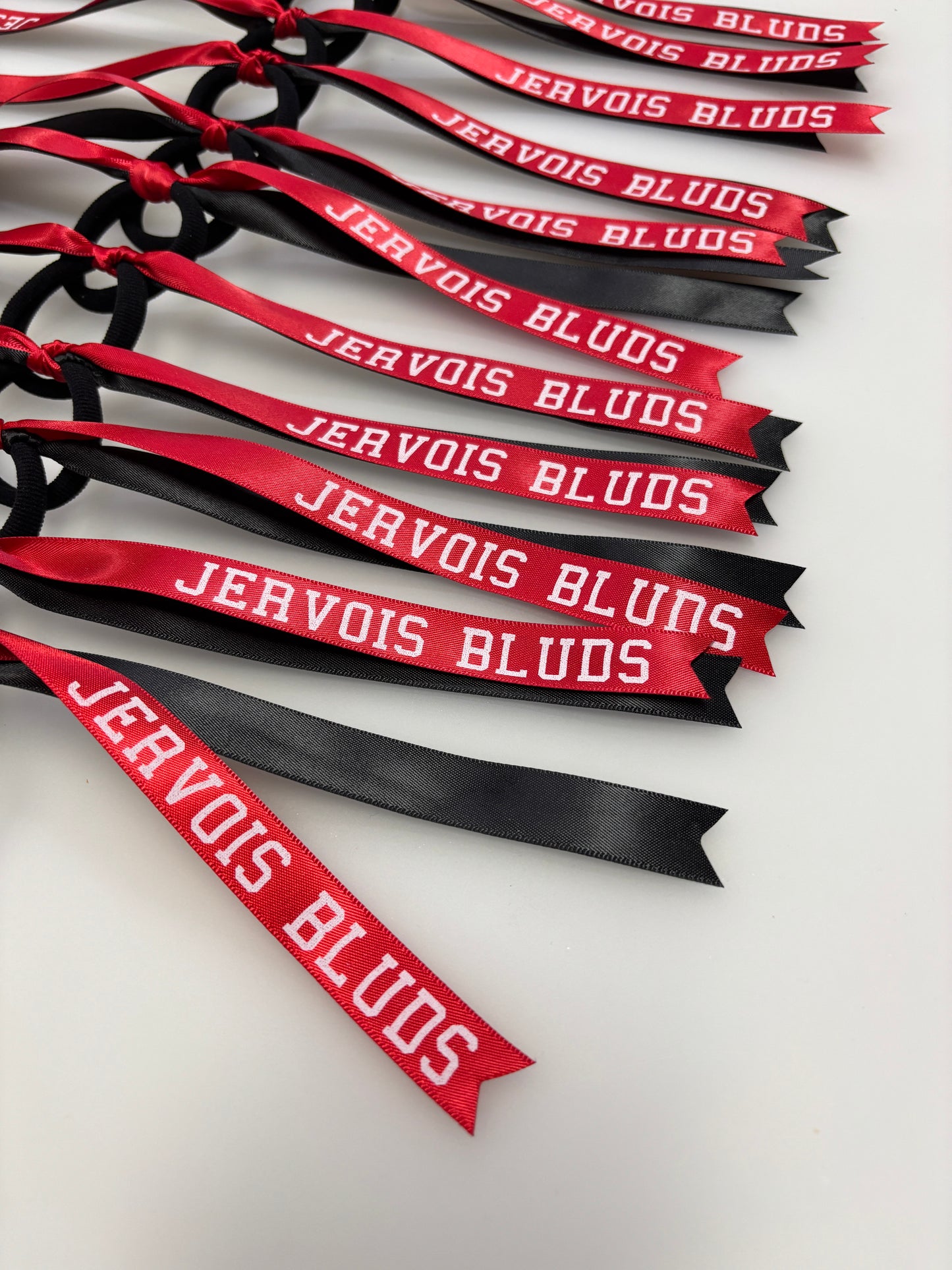 TEAM HAIR RIBBONS 2 COLOURS 15MM VERTICAL COLLEGE FONT