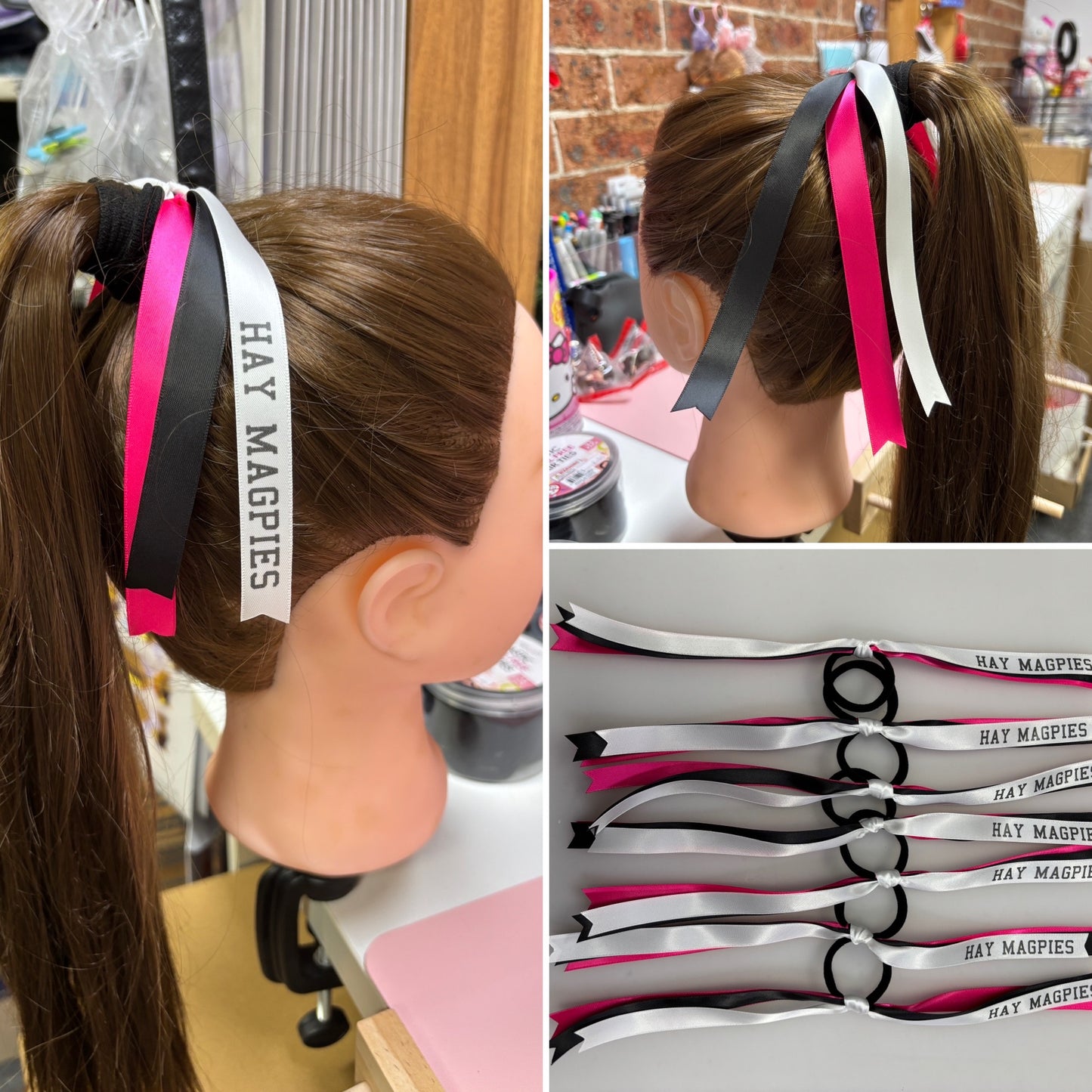 TEAM HAIR RIBBONS 3 COLOURS 15MM HORIZONTAL COLLEGE FONT