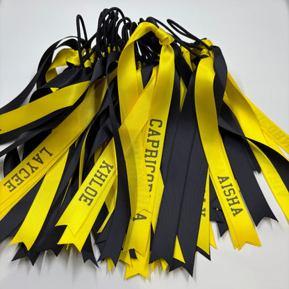 TEAM HAIR RIBBONS 2 COLOURS 15MM HORIZONTAL COLLEGE FONT