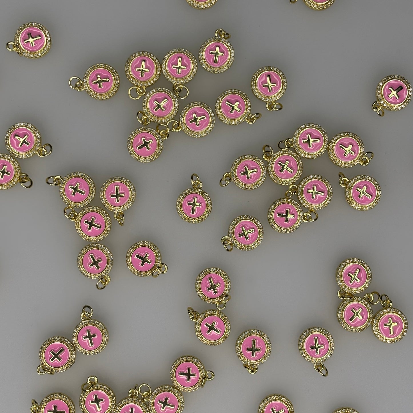 GOLD PINK ROUND CRYSTAL CHARM PENDANT