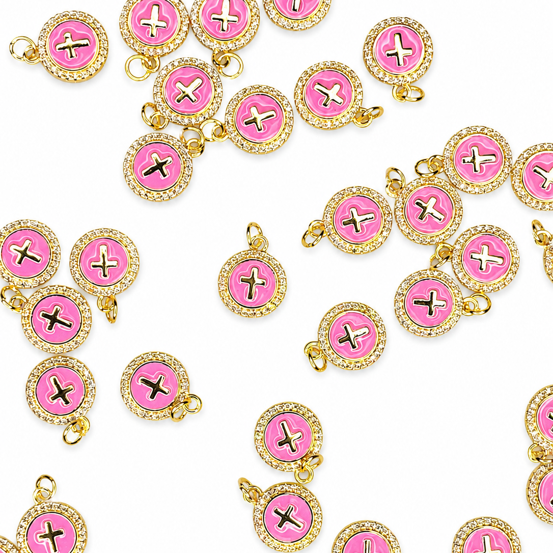 GOLD PINK ROUND CRYSTAL CHARM PENDANT