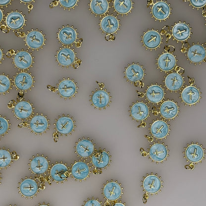 GOLD STUD ROUND CROSS CHARM PENDANT BLUE