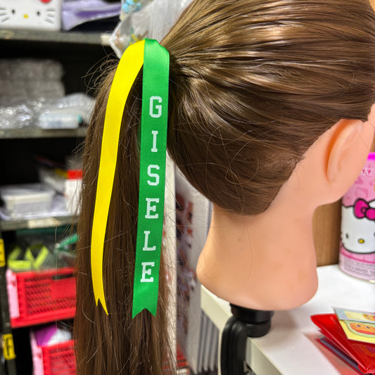 TEAM HAIR RIBBONS 2 COLOURS 15MM VERTICAL COLLEGE FONT