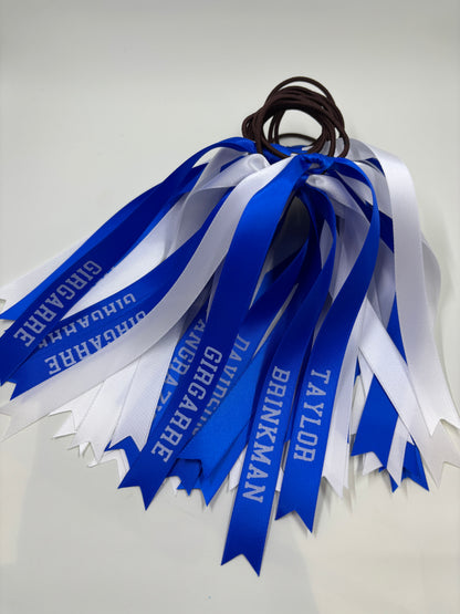 TEAM HAIR RIBBONS 2 COLOURS 15MM HORIZONTAL COLLEGE FONT