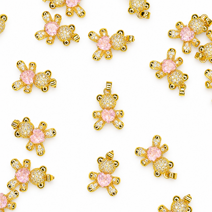 GOLD TEDDY BEAR CRYTAL PINK HEART CHARM PENDANT