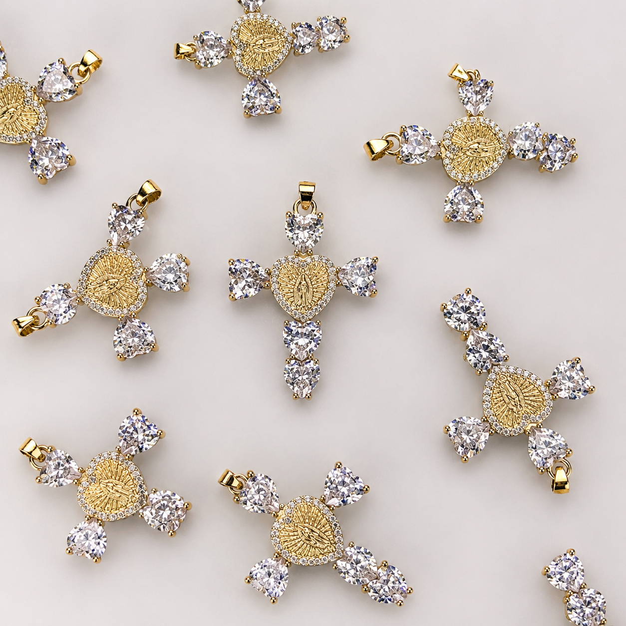 MARY CRYSTAL HEART GOLD CROSS CHARM PENDANT