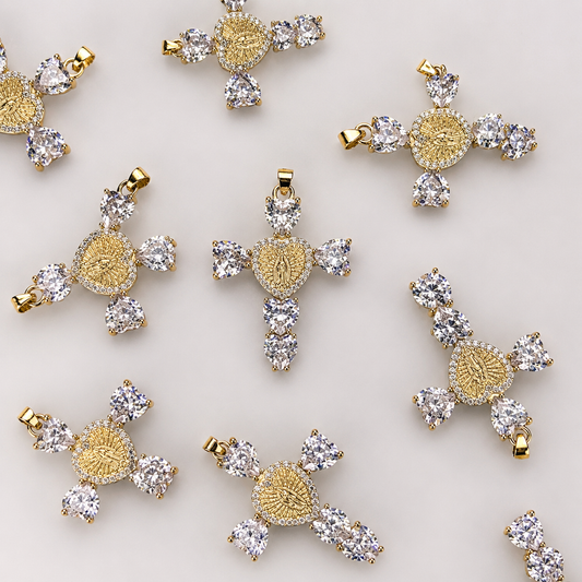 MARY CRYSTAL HEART GOLD CROSS CHARM PENDANT
