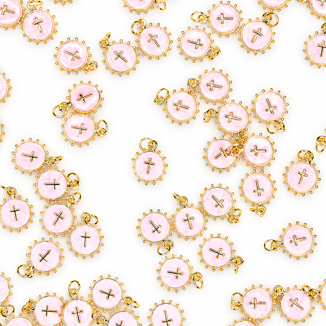 GOLD STUD ROUND CROSS CHARM PENDANT PINK