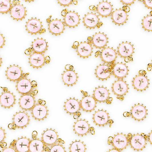 GOLD STUD ROUND CROSS CHARM PENDANT PINK