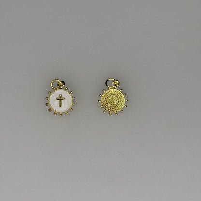 GOLD STUD ROUND CROSS CHARM PENDANT WHITE