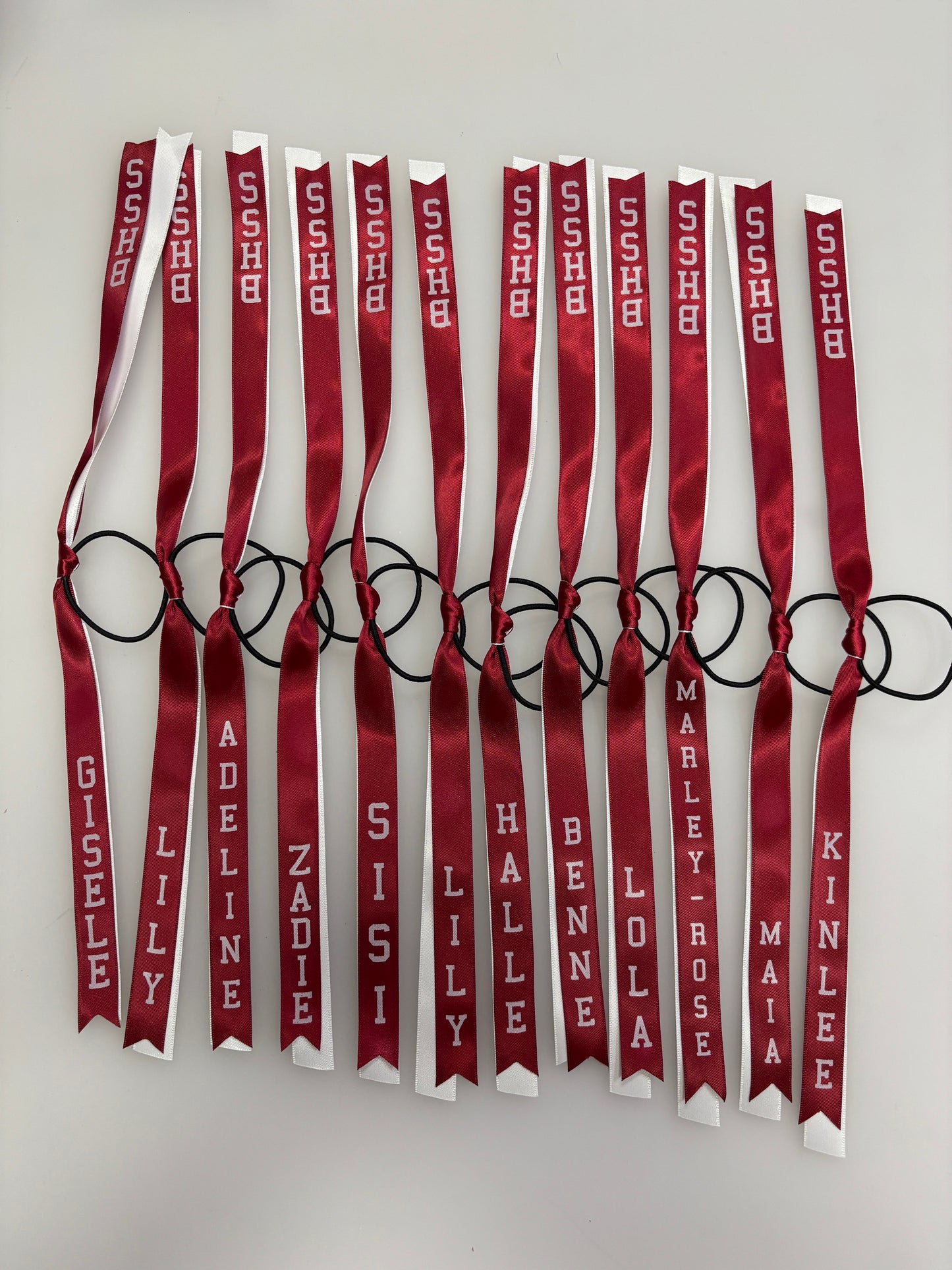 TEAM HAIR RIBBONS 2 COLOURS 15MM HORIZONTAL COLLEGE FONT
