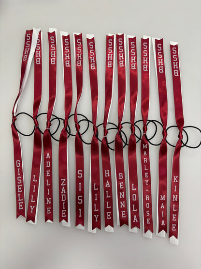 TEAM HAIR RIBBONS 2 COLOURS 15MM HORIZONTAL COLLEGE FONT