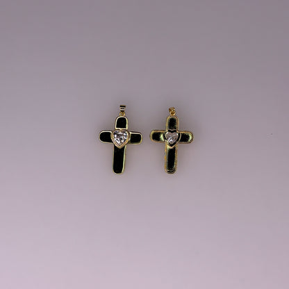 GOLD CROSS CHARM PENDANT WITH CRYSTAL HEART