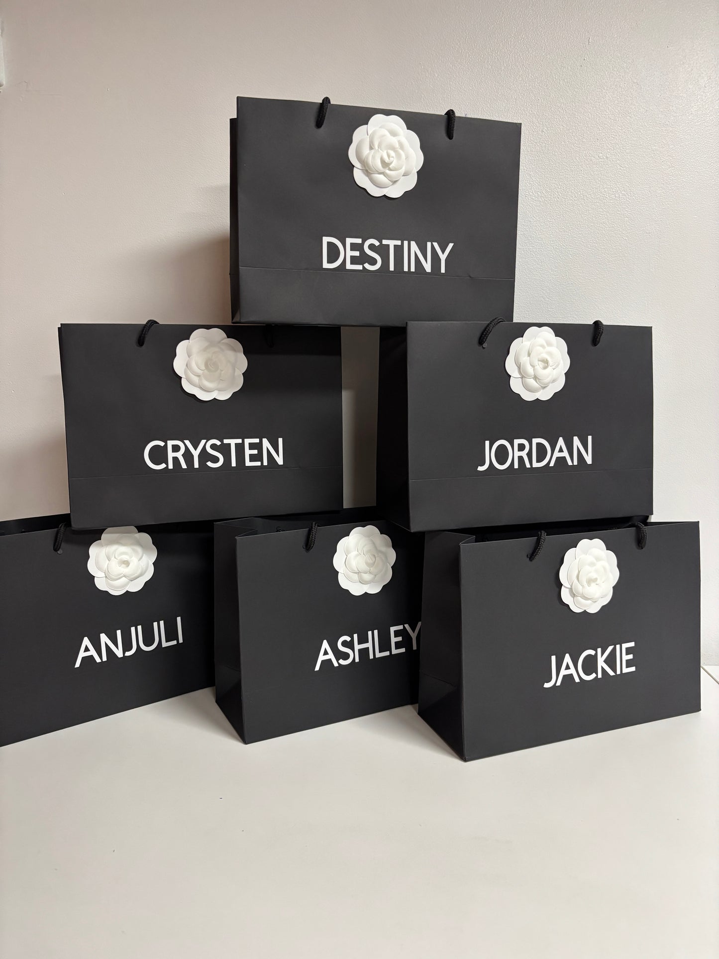 PERSONALISED BLACK & WHITE GIFT BAG WITH CAMELLIA FLOWER