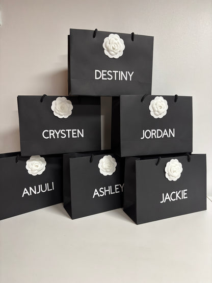 PERSONALISED BLACK & WHITE GIFT BAG WITH CAMELLIA FLOWER