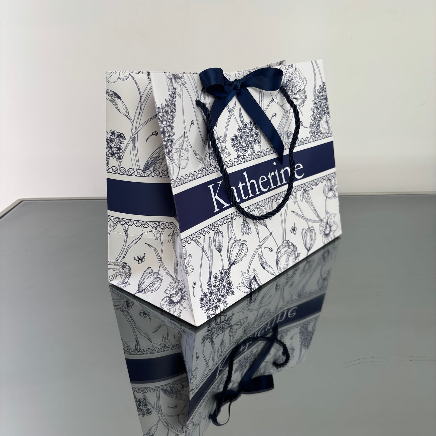 PERSONALISED NAVY & WHITE FLORAL GIFT BAG