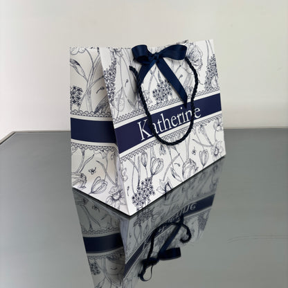 PERSONALISED NAVY & WHITE FLORAL GIFT BAG