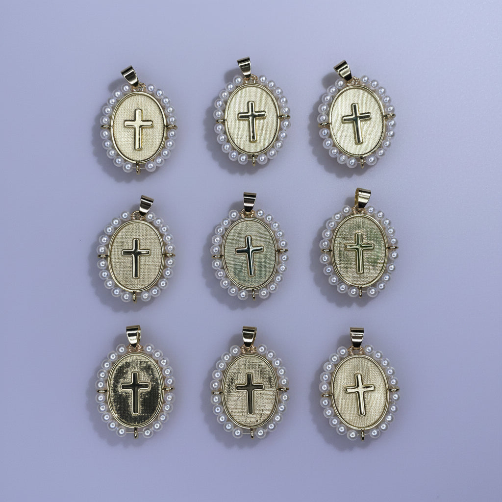 OVAL GOLD PEARL CROSS CHARM PENDANT