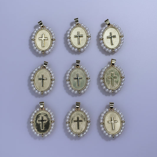 OVAL GOLD PEARL CROSS CHARM PENDANT
