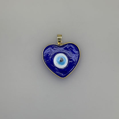 GLASS GOLD TRIM EVIL RYE HEART NAVY CHARM PENDANT