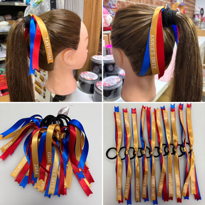TEAM HAIR RIBBONS 3 COLOURS 15MM HORIZONTAL COLLEGE FONT