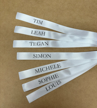 Personalised Wine Glass Ribbon Place Cards 15mm in Garamond Font