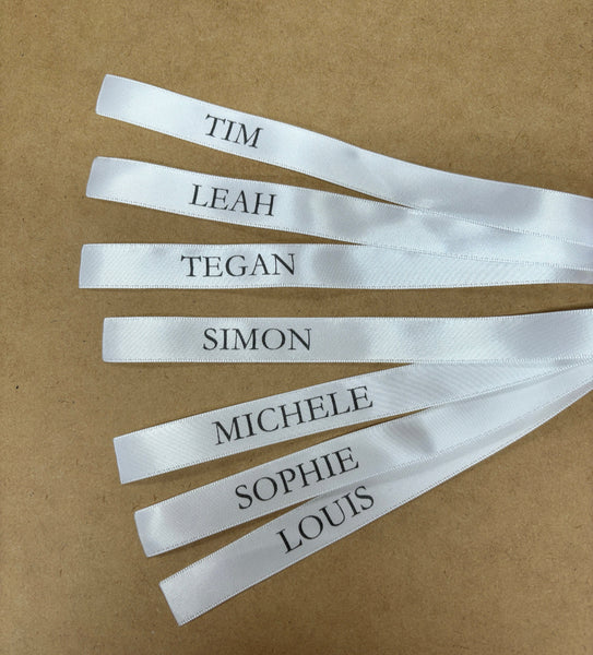 Personalised Wine Glass Ribbon Place Cards 15mm in Garamond Font