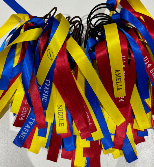 TEAM HAIR RIBBONS 3 COLOURS 15MM HORIZONTAL COLLEGE FONT