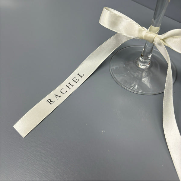 Personalised Wine Glass Ribbon Place Cards 15mm in Garamond Font