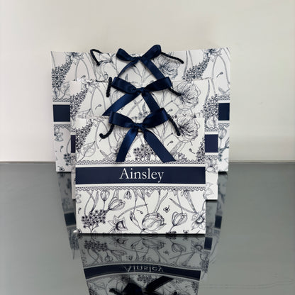 PERSONALISED NAVY & WHITE FLORAL GIFT BAG