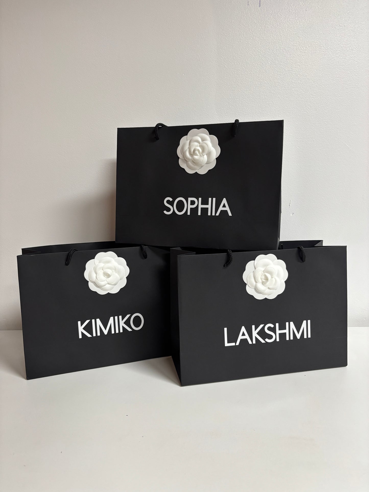 PERSONALISED BLACK & WHITE GIFT BAG WITH CAMELLIA FLOWER