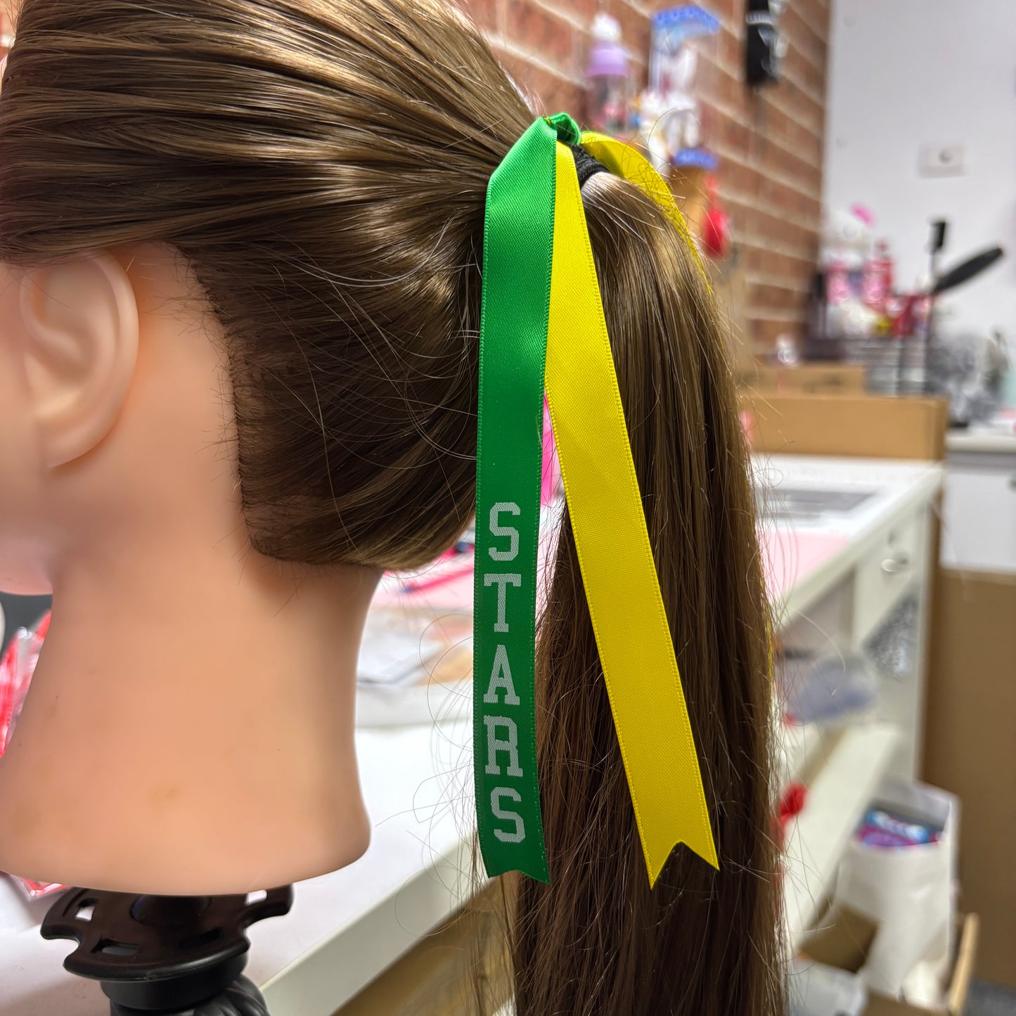 TEAM HAIR RIBBONS 2 COLOURS 15MM VERTICAL COLLEGE FONT