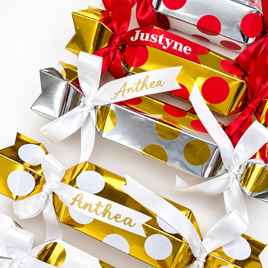 POLKA DOTS SPOTS PERSONALISED CHRISTMAS CRACKERS READY MADE