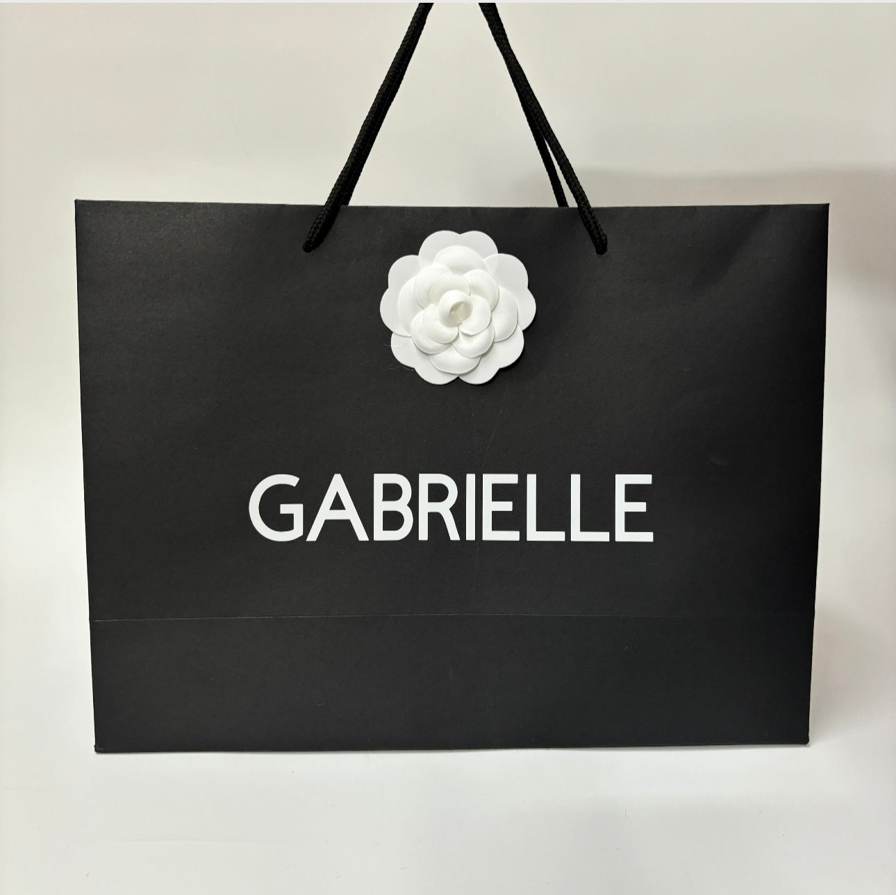 PERSONALISED BLACK & WHITE GIFT BAG WITH CAMELLIA FLOWER