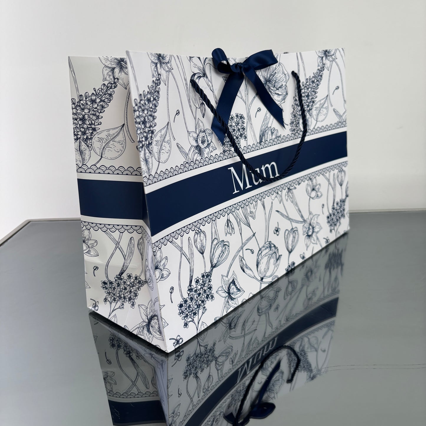 PERSONALISED NAVY & WHITE FLORAL GIFT BAG
