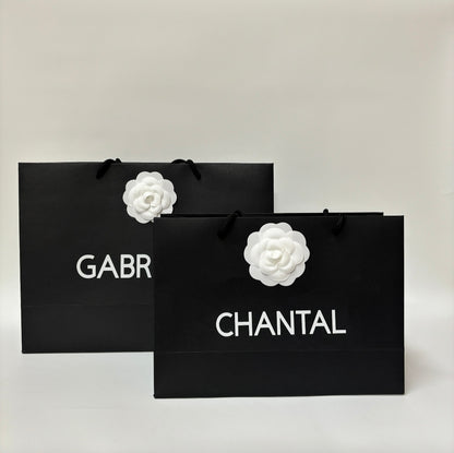 PERSONALISED BLACK & WHITE GIFT BAG WITH CAMELLIA FLOWER