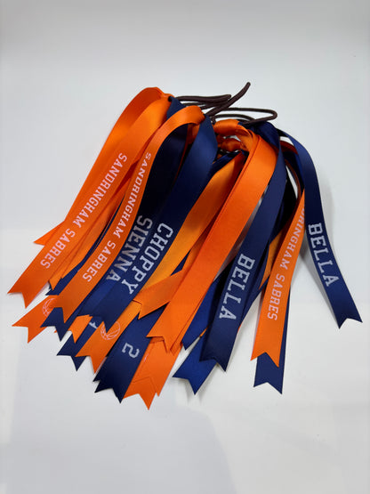 TEAM HAIR RIBBONS 2 COLOURS 15MM HORIZONTAL COLLEGE FONT