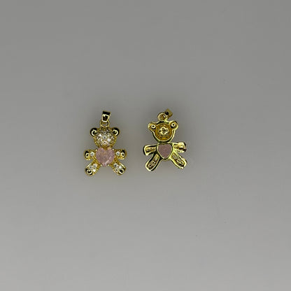 GOLD TEDDY BEAR CRYTAL PINK HEART CHARM PENDANT
