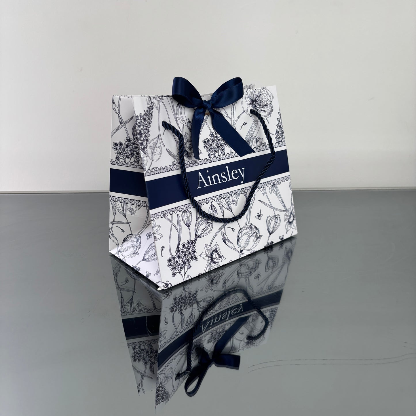 PERSONALISED NAVY & WHITE FLORAL GIFT BAG