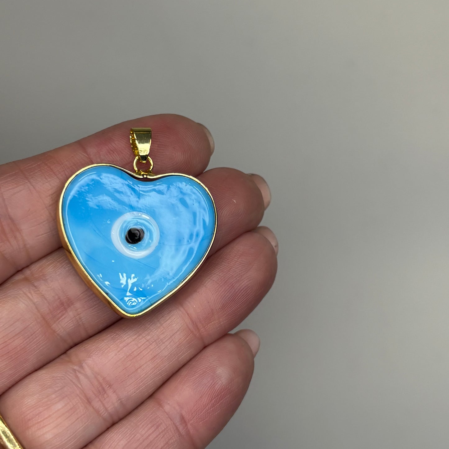 GLASS GOLD TRIM EVIL EYE HEART BLUE CHARM PENDANT