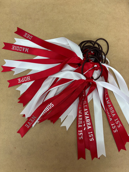 TEAM HAIR RIBBONS 2 COLOURS 15MM HORIZONTAL COLLEGE FONT