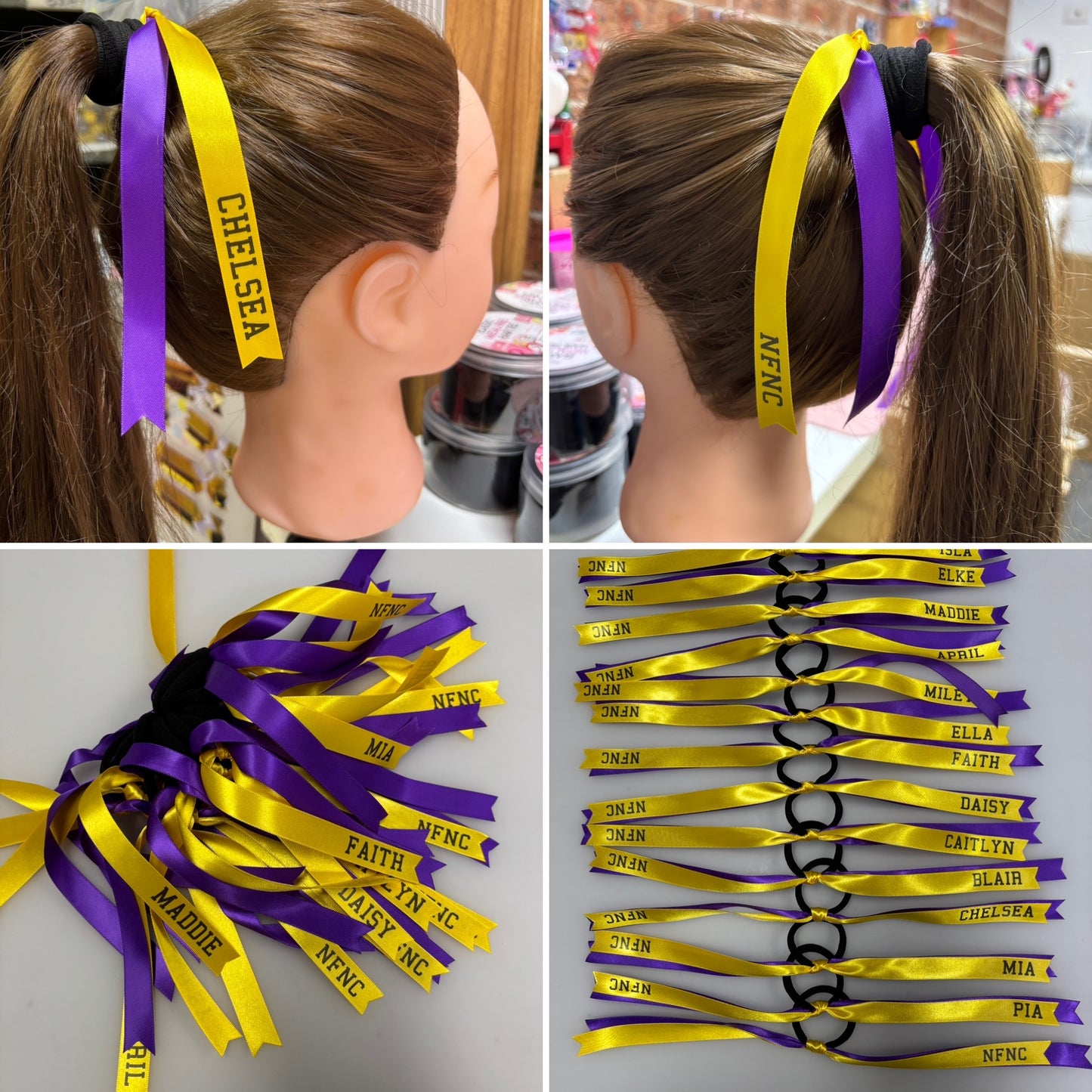 TEAM HAIR RIBBONS 3 COLOURS 15MM HORIZONTAL COLLEGE FONT