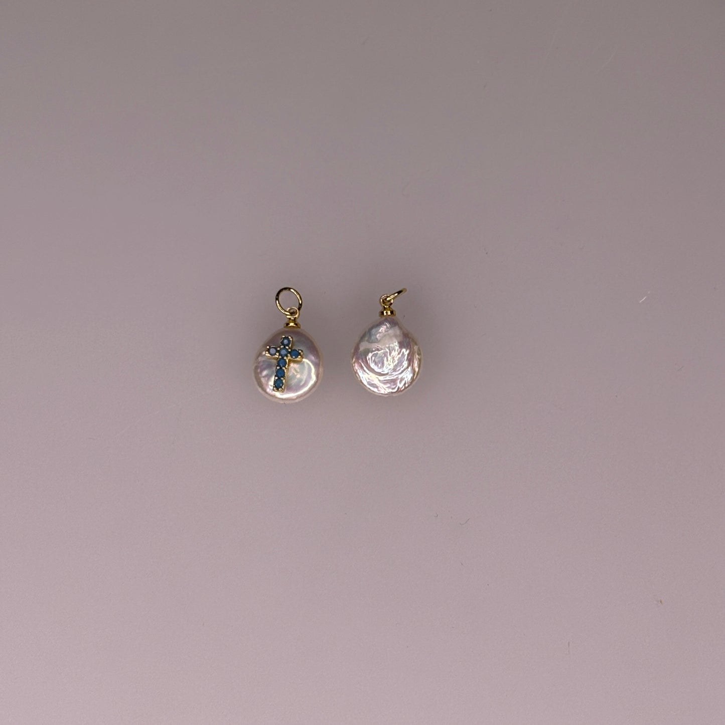 PEARL CHARM WITH BLUE STONE GOLD CROSS