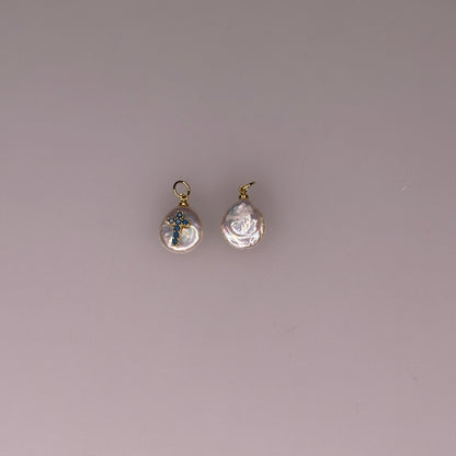 PEARL CHARM WITH BLUE STONE GOLD CROSS