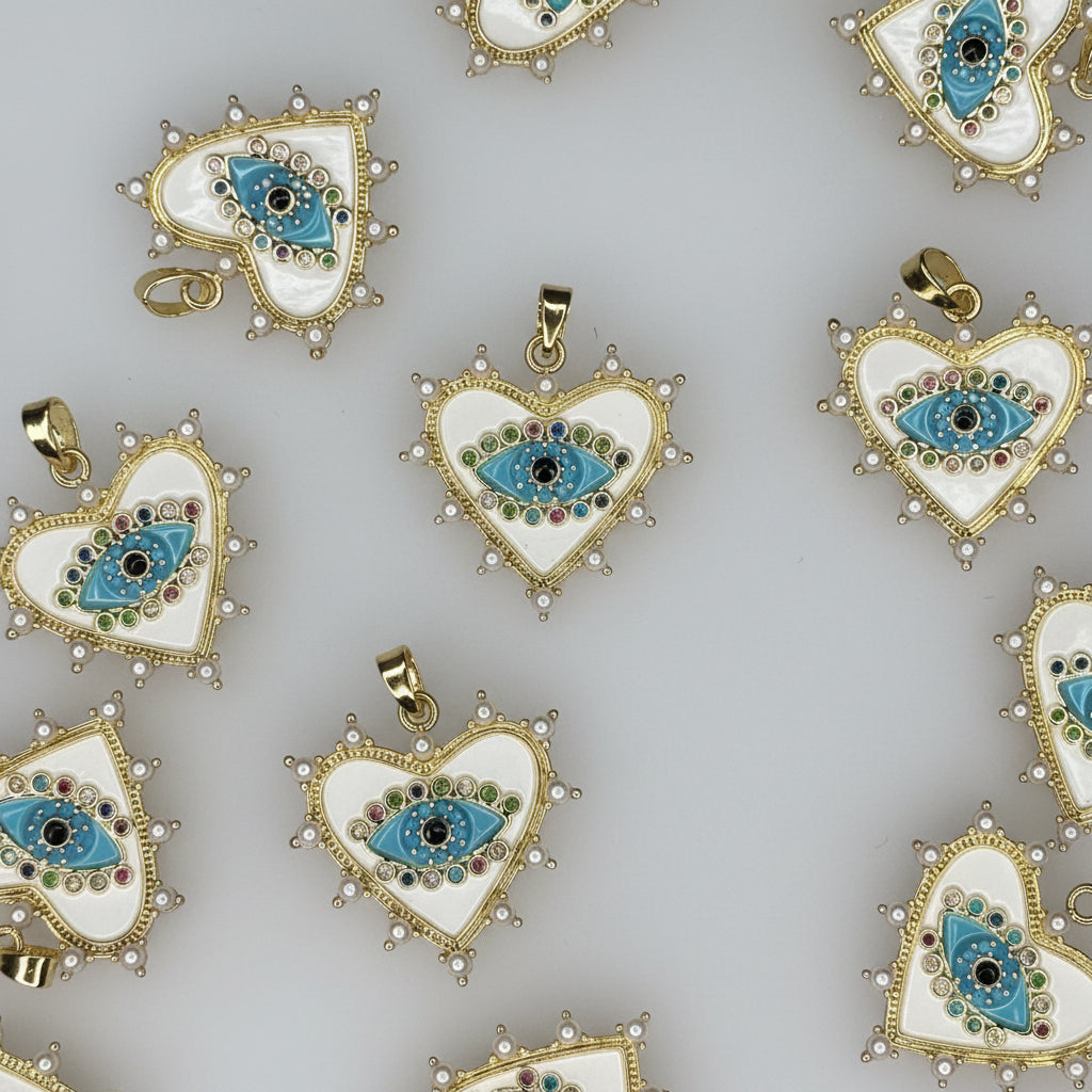 WHITE GOLD PEARL EVIL EYE HEART CHARM PENDANT