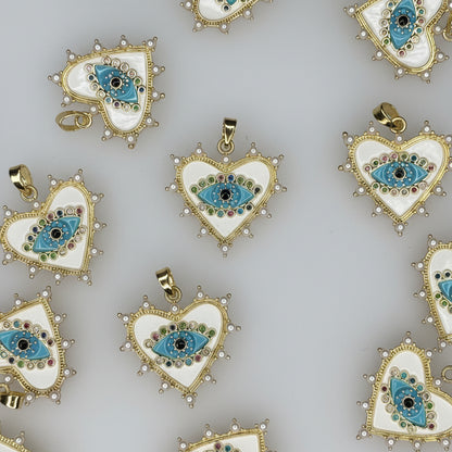 WHITE GOLD PEARL EVIL EYE HEART CHARM PENDANT
