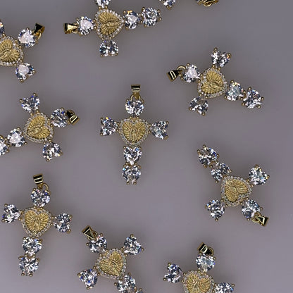MARY CRYSTAL HEART GOLD CROSS CHARM PENDANT