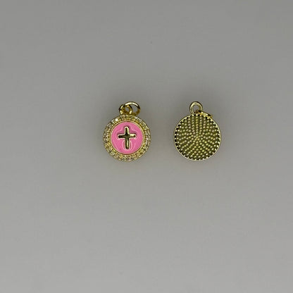 GOLD PINK ROUND CRYSTAL CHARM PENDANT