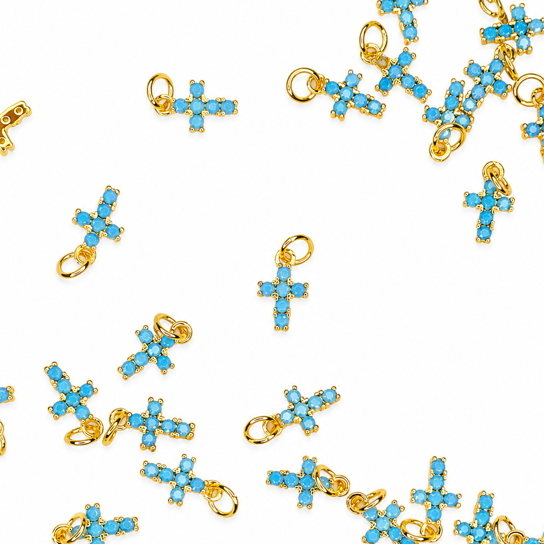 GOLD TURQUOISE CRYSTAL CROSS CHARM PENDANT